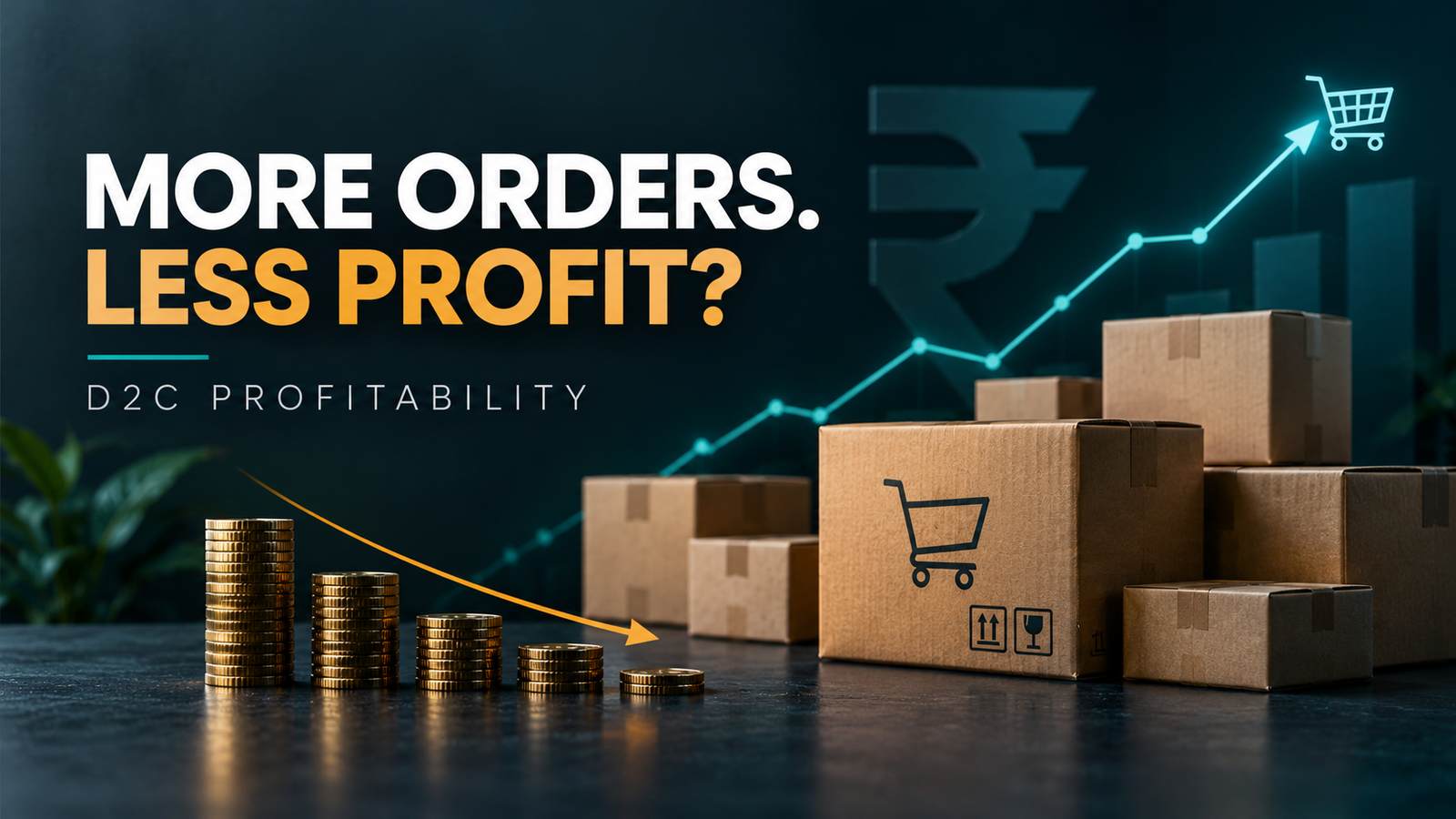 More orders, less profit: ecommerce parcels with rising orders and shrinking coin stacks illustrate D2C profitability challenges.
