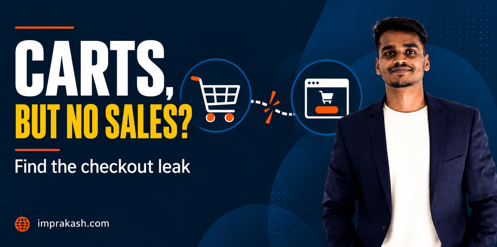 Prakash Thakur beside a shopping cart and checkout path illustrating lost purchases.